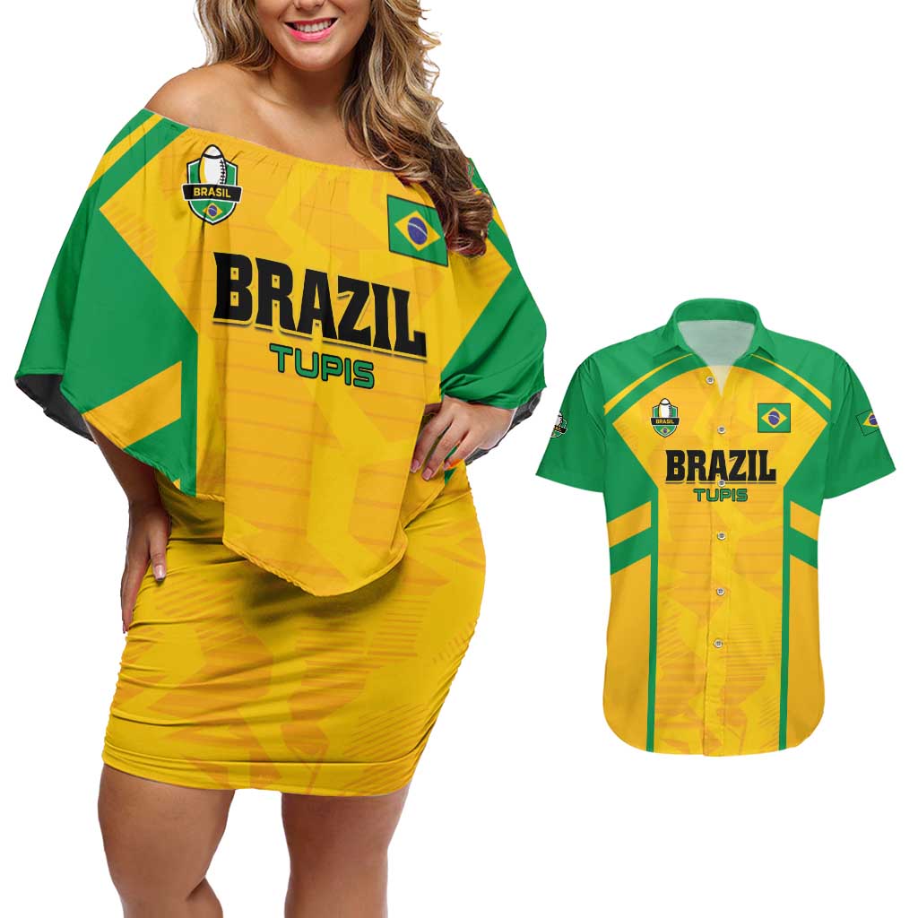 Custom Rugby Brazil Couples Matching Off Shoulder Short Dress and Hawaiian Shirt Tupis Go Champions - Wonder Print Shop