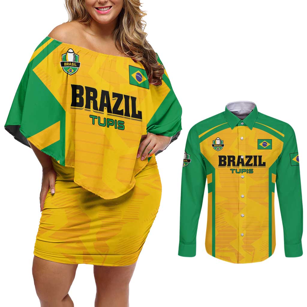 Custom Rugby Brazil Couples Matching Off Shoulder Short Dress and Long Sleeve Button Shirt Tupis Go Champions - Wonder Print Shop