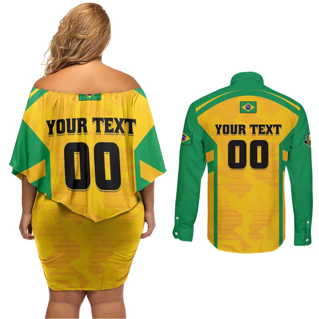 Custom Rugby Brazil Couples Matching Off Shoulder Short Dress and Long Sleeve Button Shirt Tupis Go Champions - Wonder Print Shop