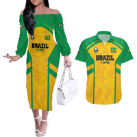 Custom Rugby Brazil Couples Matching Off The Shoulder Long Sleeve Dress and Hawaiian Shirt Tupis Go Champions - Wonder Print Shop
