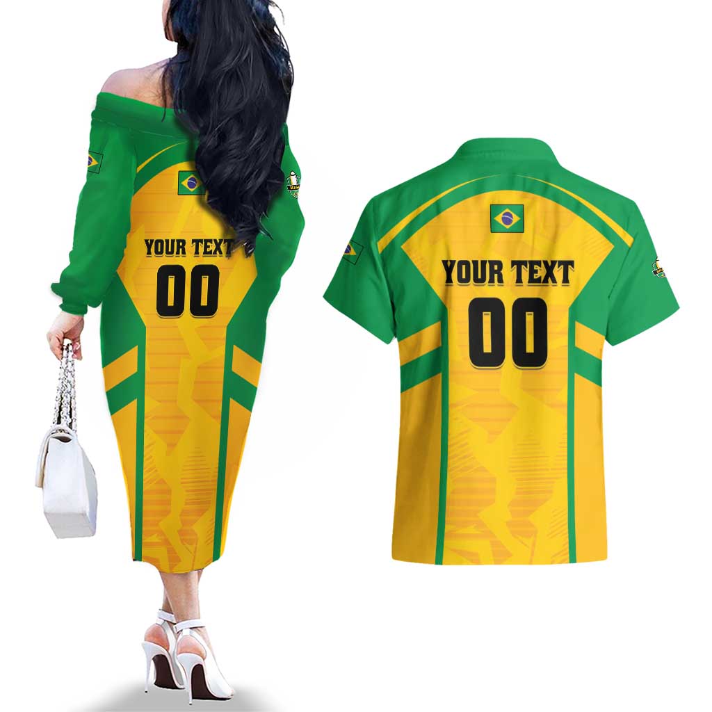 Custom Rugby Brazil Couples Matching Off The Shoulder Long Sleeve Dress and Hawaiian Shirt Tupis Go Champions - Wonder Print Shop
