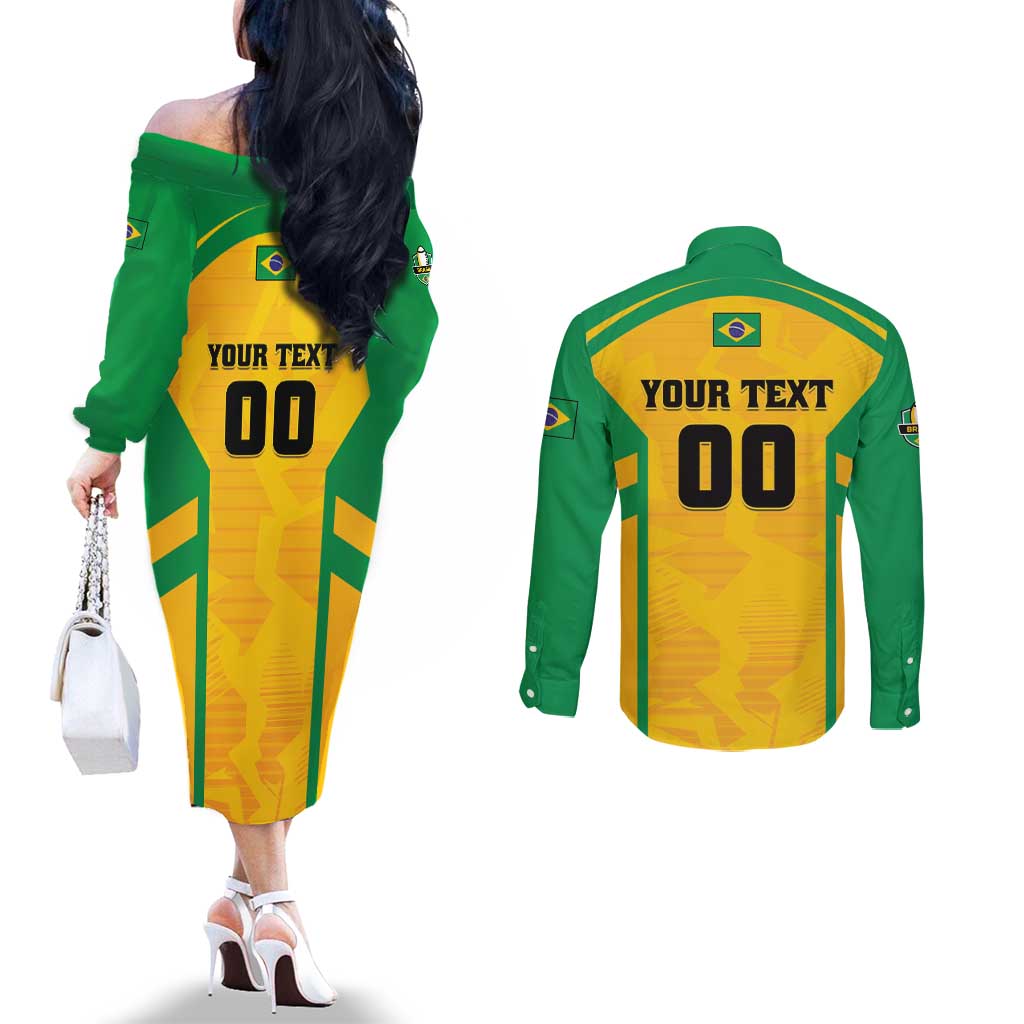 Custom Rugby Brazil Couples Matching Off The Shoulder Long Sleeve Dress and Long Sleeve Button Shirt Tupis Go Champions - Wonder Print Shop