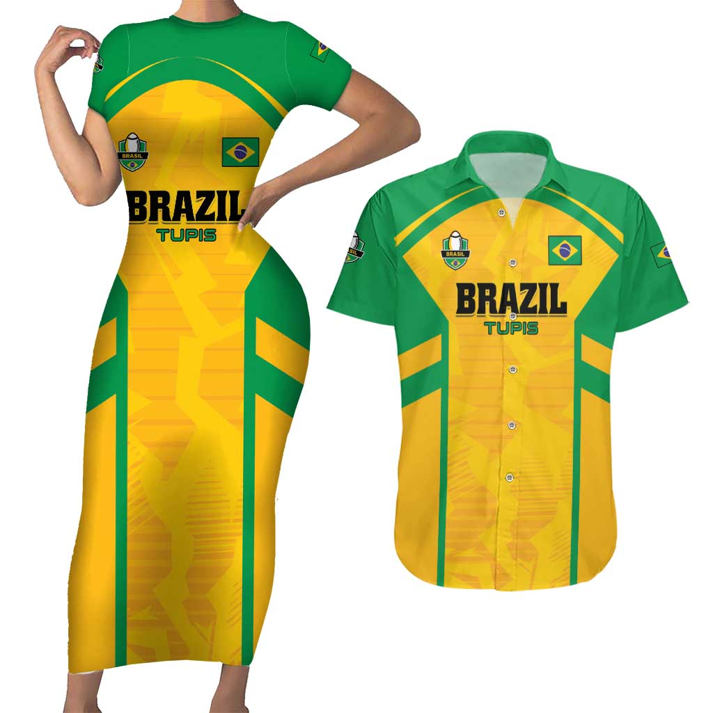 Custom Rugby Brazil Couples Matching Short Sleeve Bodycon Dress and Hawaiian Shirt Tupis Go Champions - Wonder Print Shop