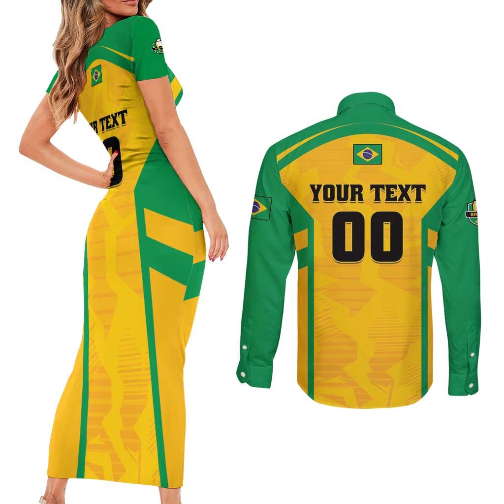 Custom Rugby Brazil Couples Matching Short Sleeve Bodycon Dress and Long Sleeve Button Shirt Tupis Go Champions - Wonder Print Shop