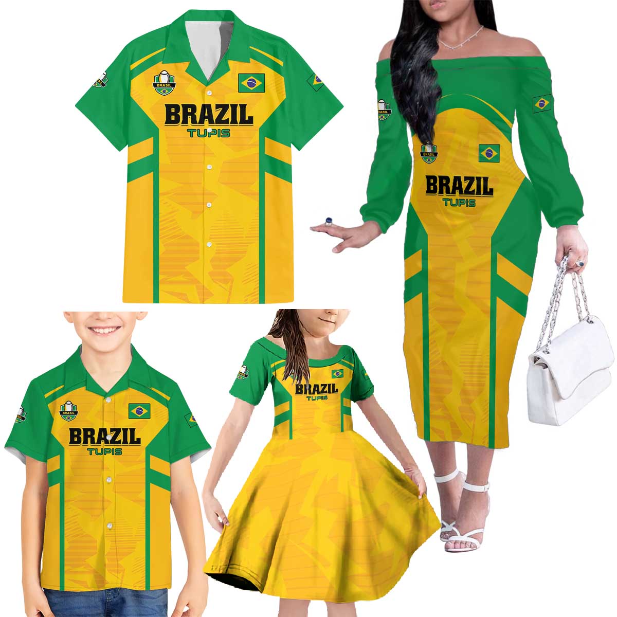 Custom Rugby Brazil Family Matching Off The Shoulder Long Sleeve Dress and Hawaiian Shirt Tupis Go Champions - Wonder Print Shop
