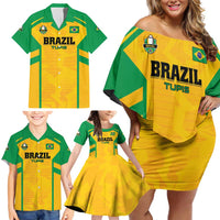 Custom Rugby Brazil Family Matching Off Shoulder Short Dress and Hawaiian Shirt Tupis Go Champions - Wonder Print Shop