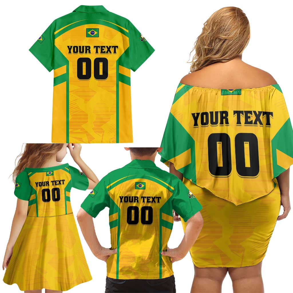 Custom Rugby Brazil Family Matching Off Shoulder Short Dress and Hawaiian Shirt Tupis Go Champions - Wonder Print Shop
