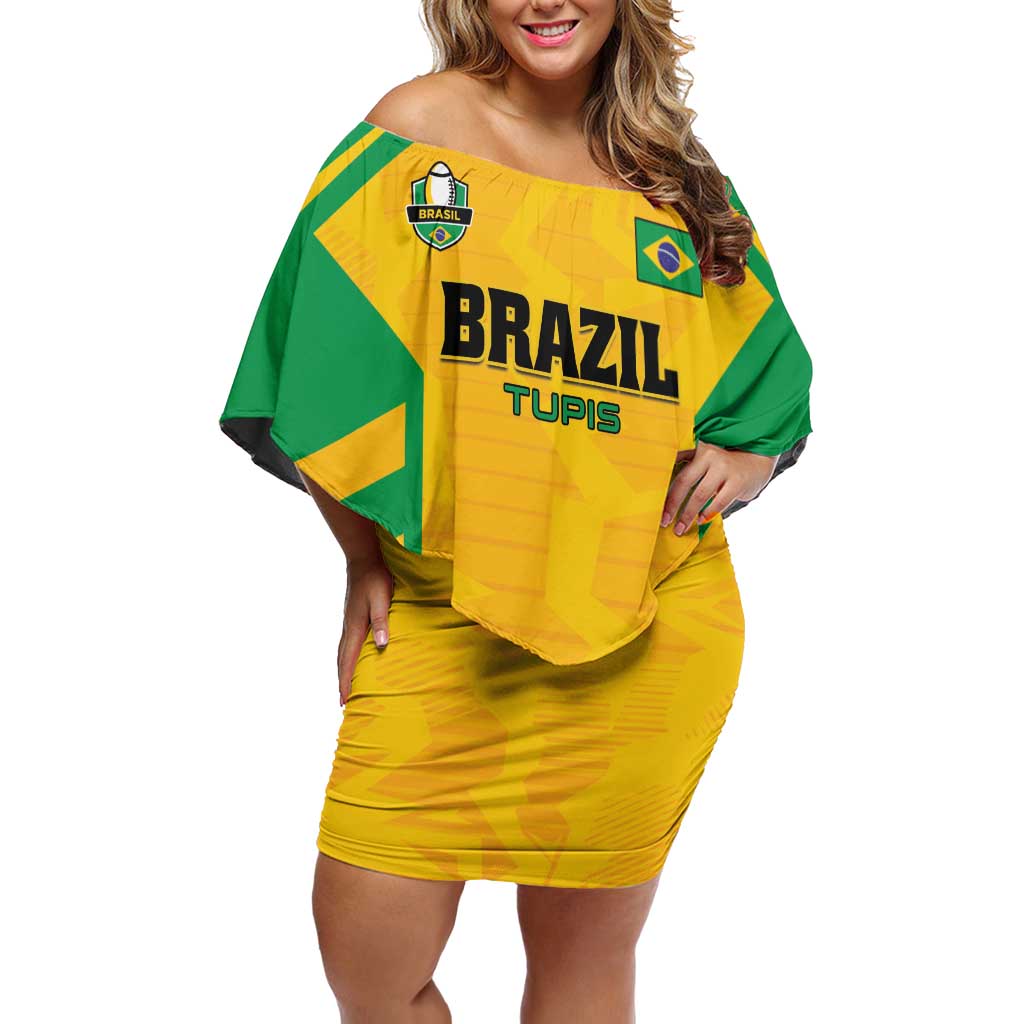 Custom Rugby Brazil Family Matching Off Shoulder Short Dress and Hawaiian Shirt Tupis Go Champions - Wonder Print Shop