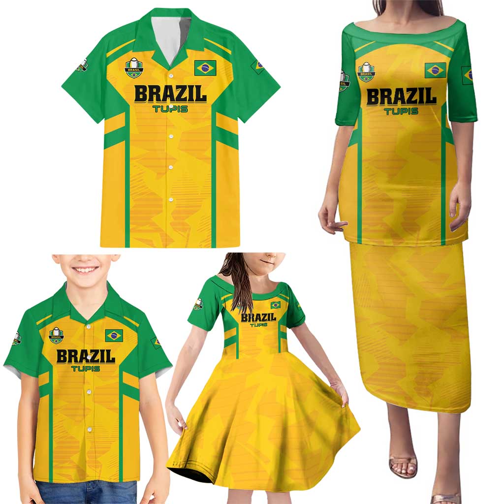 Custom Rugby Brazil Family Matching Puletasi and Hawaiian Shirt Tupis Go Champions - Wonder Print Shop