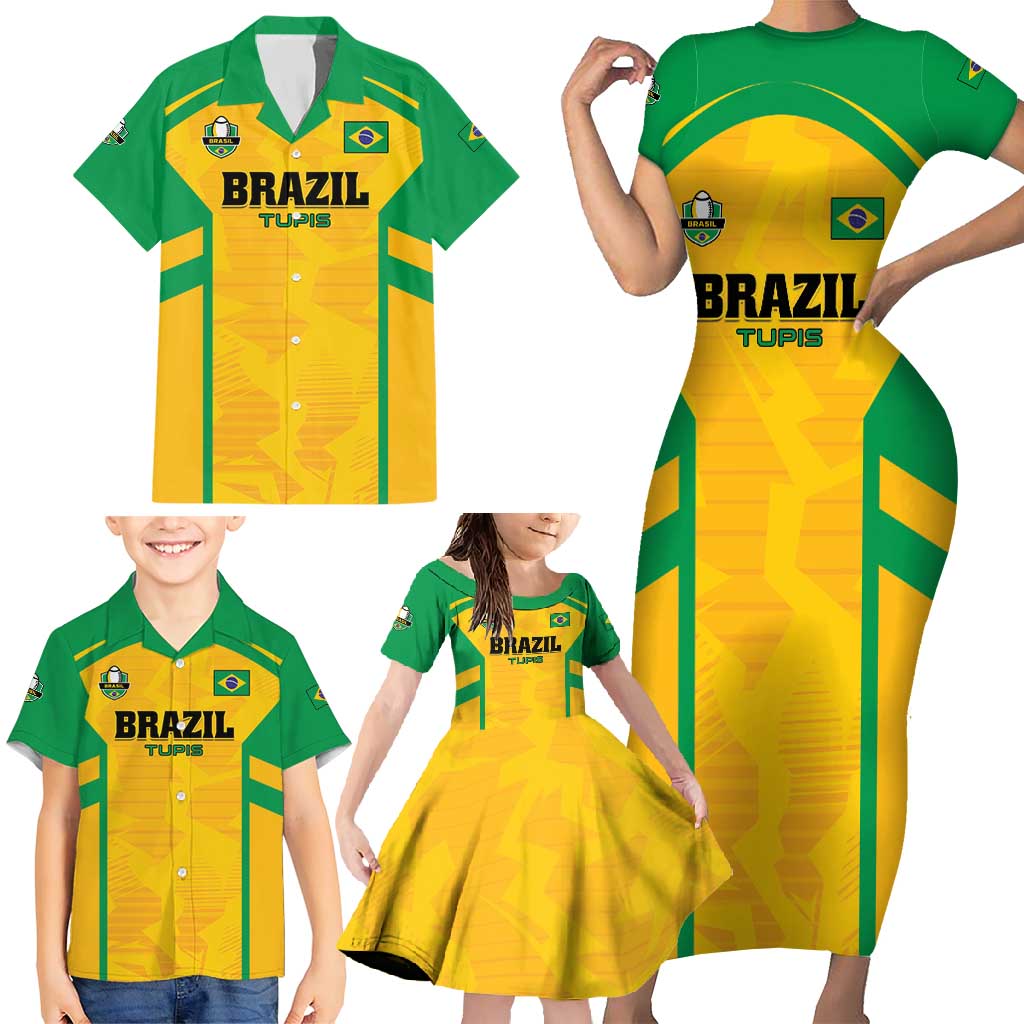 Custom Rugby Brazil Family Matching Short Sleeve Bodycon Dress and Hawaiian Shirt Tupis Go Champions - Wonder Print Shop