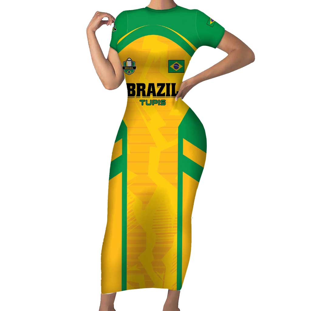 Custom Rugby Brazil Family Matching Short Sleeve Bodycon Dress and Hawaiian Shirt Tupis Go Champions - Wonder Print Shop