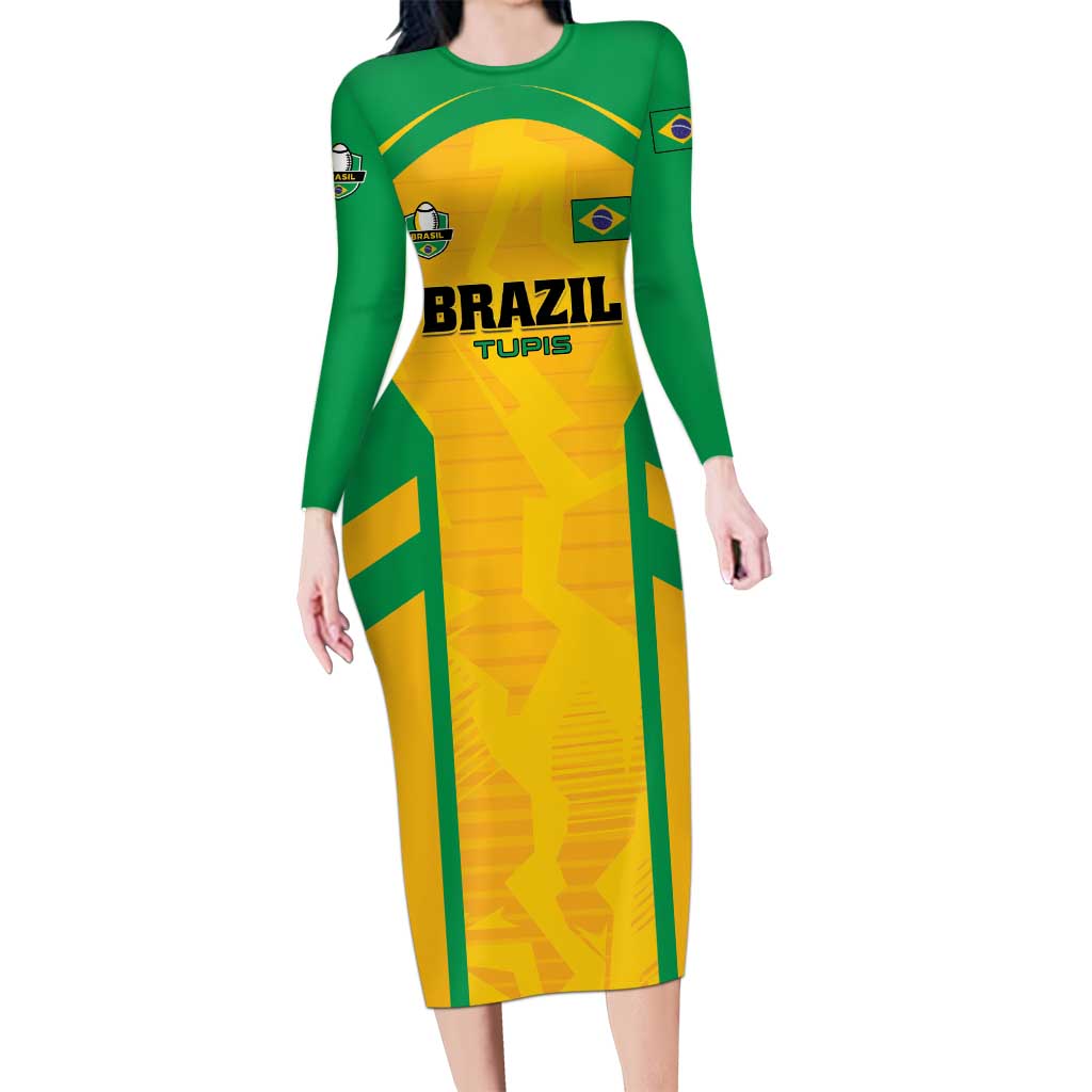 Custom Rugby Brazil Long Sleeve Bodycon Dress Tupis Go Champions - Wonder Print Shop
