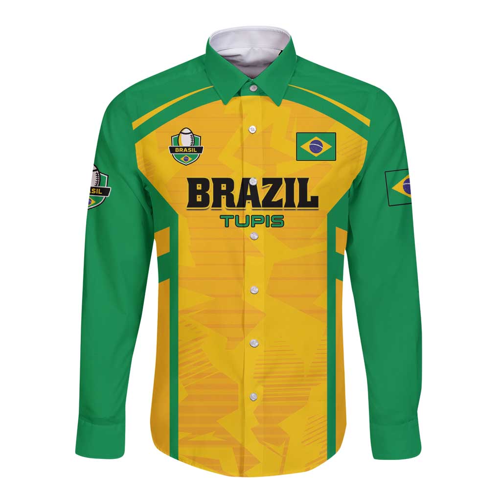 Custom Rugby Brazil Long Sleeve Button Shirt Tupis Go Champions - Wonder Print Shop