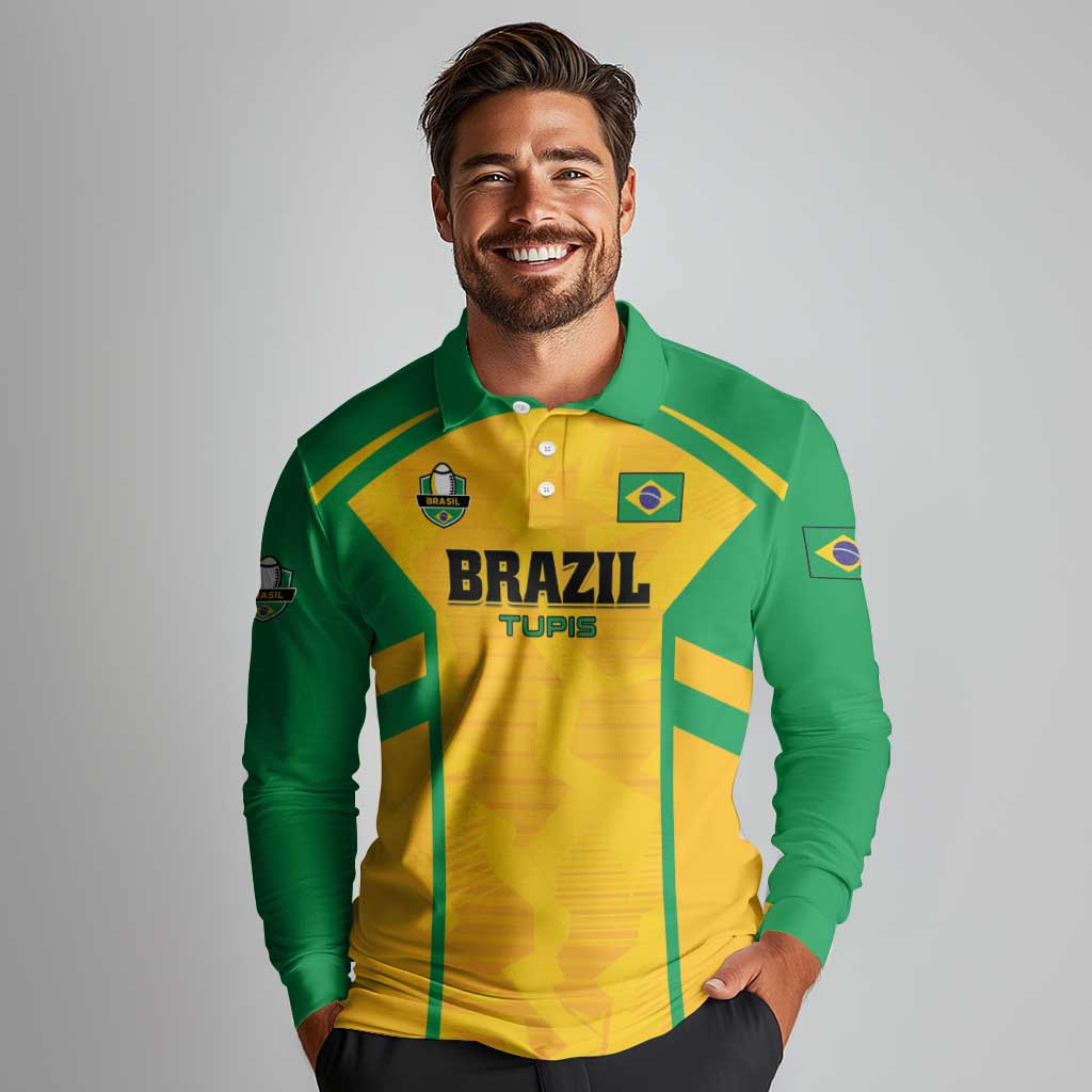 Custom Rugby Brazil Long Sleeve Polo Shirt Tupis Go Champions - Wonder Print Shop