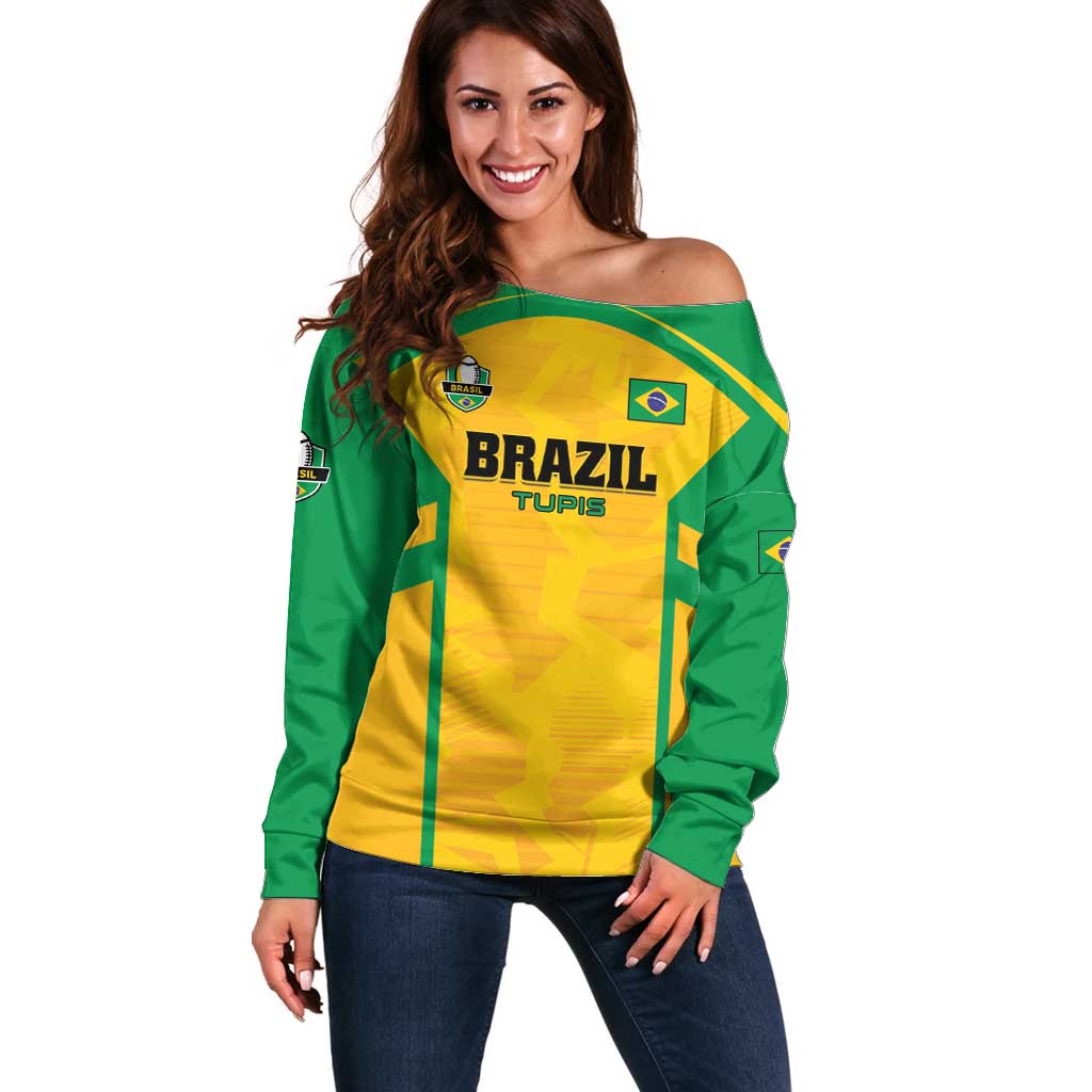 Custom Rugby Brazil Off Shoulder Sweater Tupis Go Champions - Wonder Print Shop