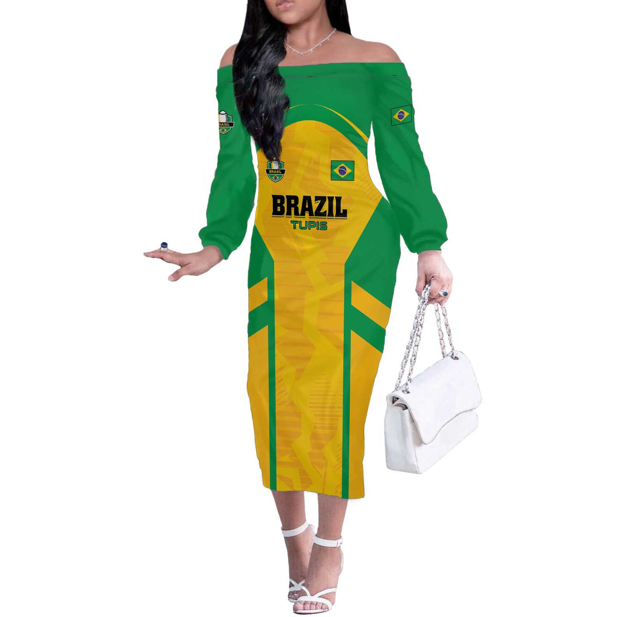 Custom Rugby Brazil Off The Shoulder Long Sleeve Dress Tupis Go Champions - Wonder Print Shop