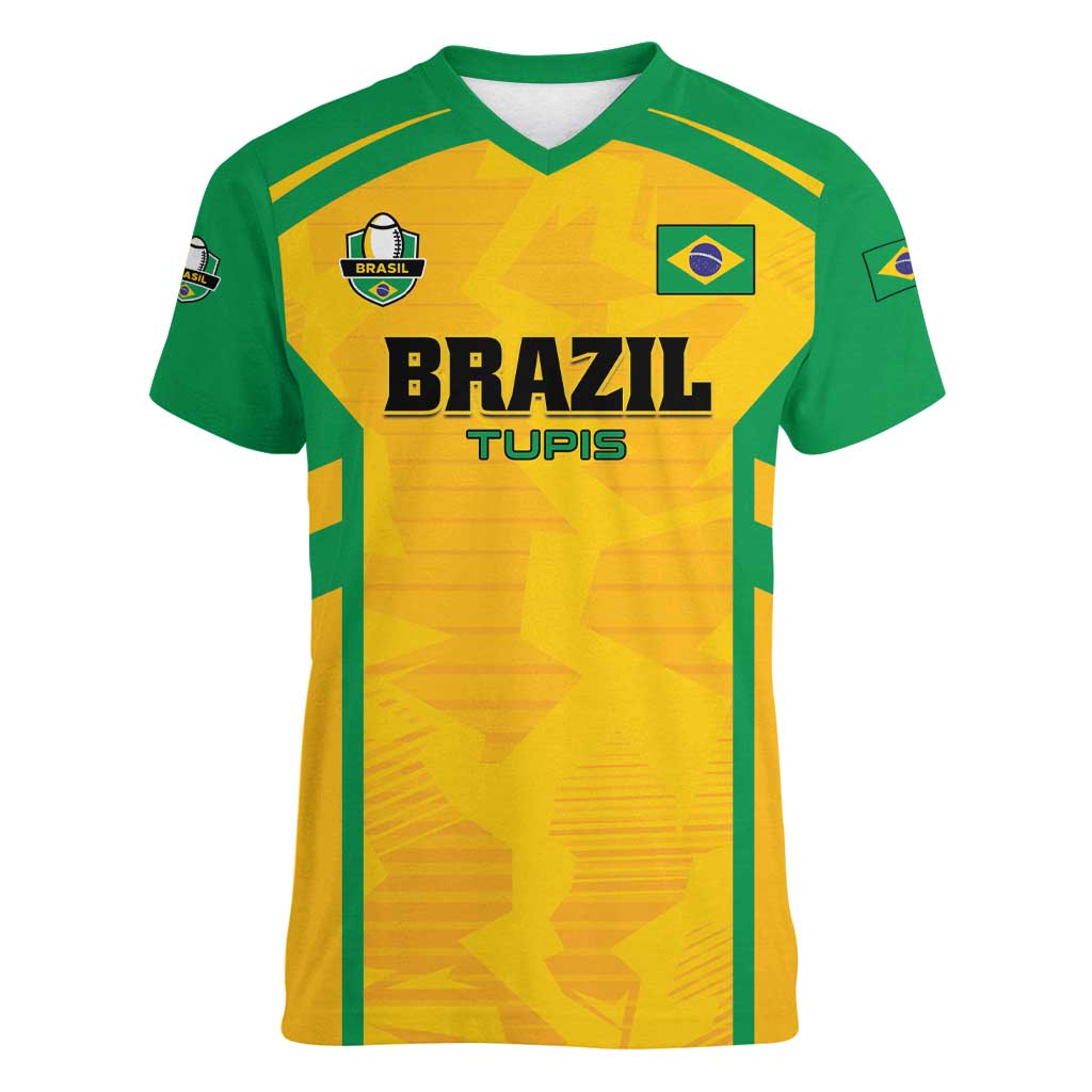 Custom Rugby Brazil Women V-Neck T-Shirt Tupis Go Champions - Wonder Print Shop