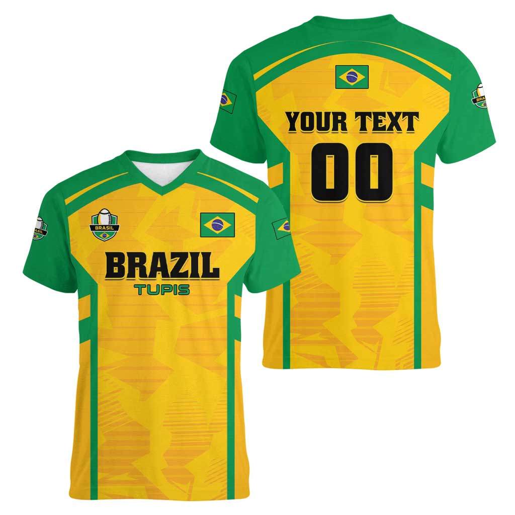 Custom Rugby Brazil Women V-Neck T-Shirt Tupis Go Champions - Wonder Print Shop