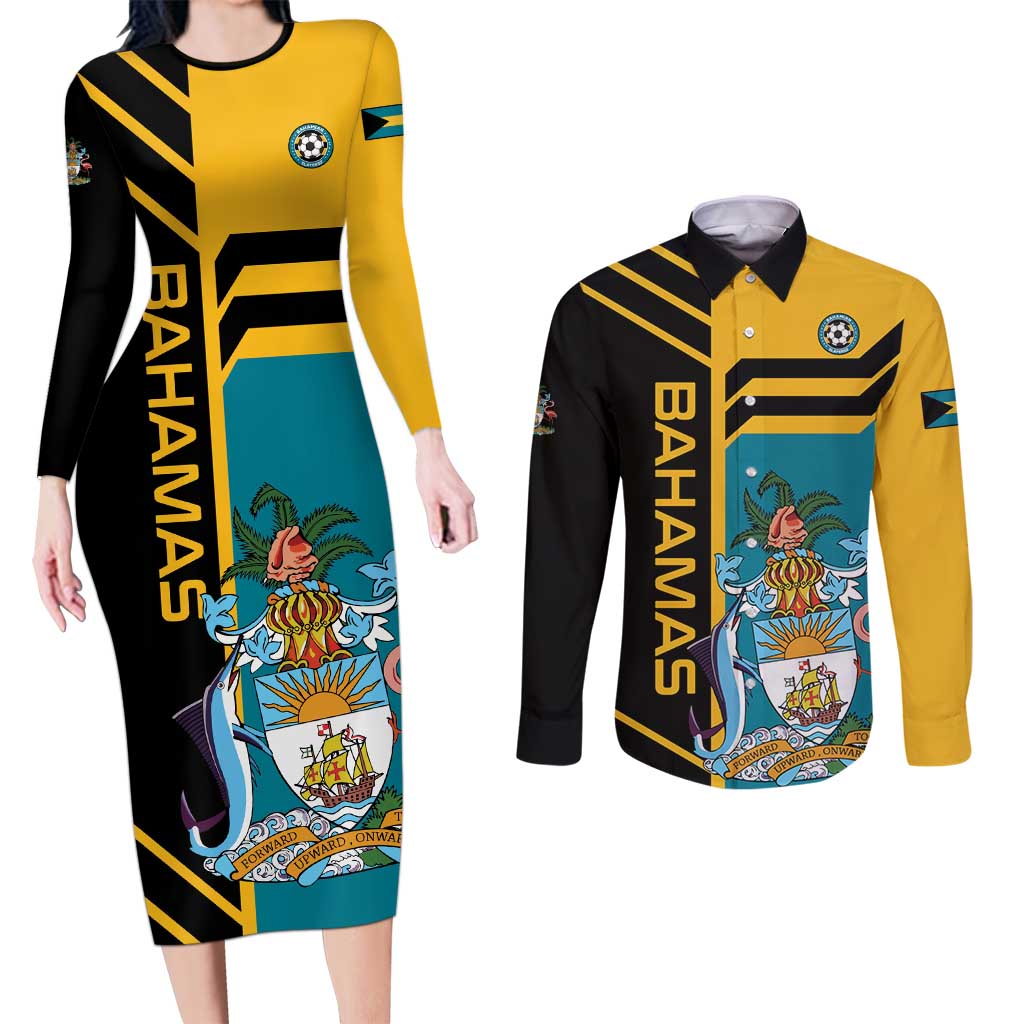 Custom Football The Bahamas Couples Matching Long Sleeve Bodycon Dress and Long Sleeve Button Shirt Go Bahamian Slayers - Wonder Print Shop
