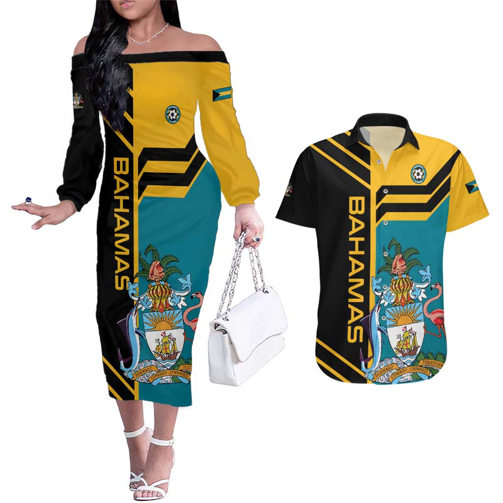 Custom Football The Bahamas Couples Matching Off The Shoulder Long Sleeve Dress and Hawaiian Shirt Go Bahamian Slayers - Wonder Print Shop
