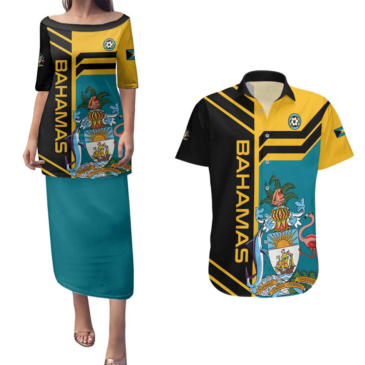 Custom Football The Bahamas Couples Matching Puletasi and Hawaiian Shirt Go Bahamian Slayers - Wonder Print Shop