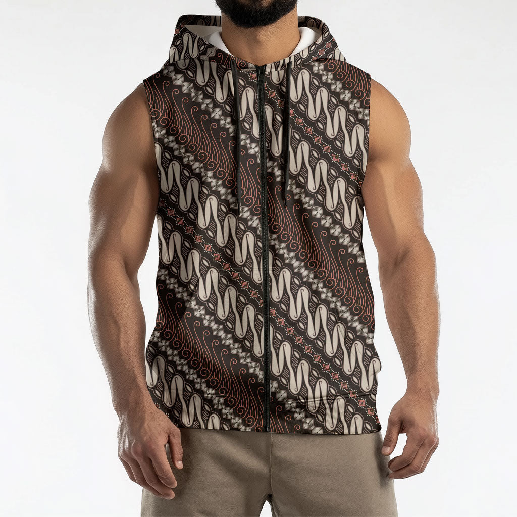 Yogyakarta Parang Batik Motifs Sleeveless Zip Hoodie Indonesian Traditional Pattern