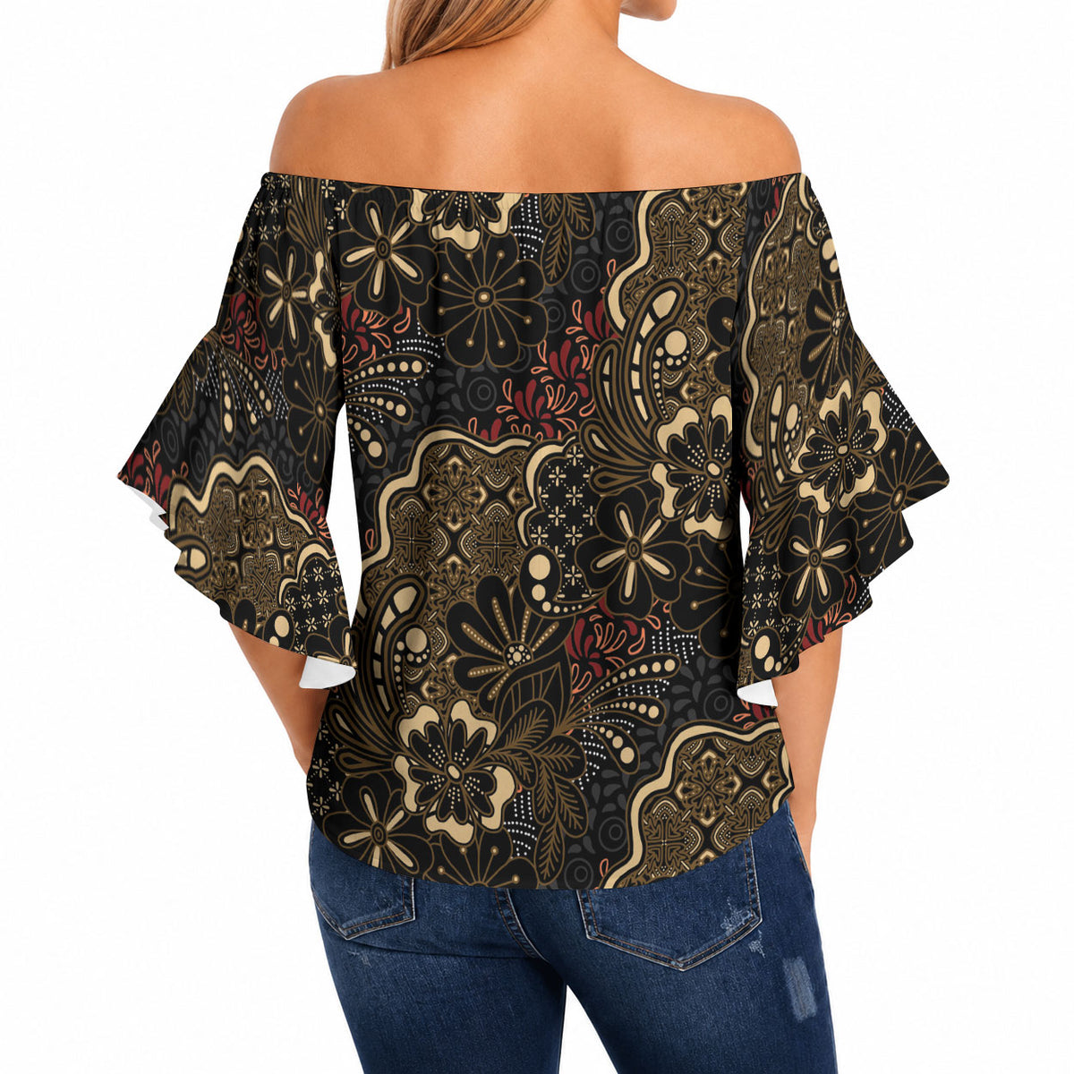 Batik Sekar Jagad Off Shoulder Wrap Waist Top Indonesian Traditional Pattern