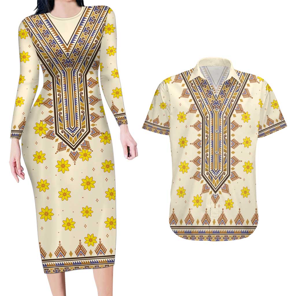 Enkutatash Dashiki Adey Abeba Pattern Couples Matching Long Sleeve Bodycon Dress and Hawaiian Shirt - Wonder Print Shop