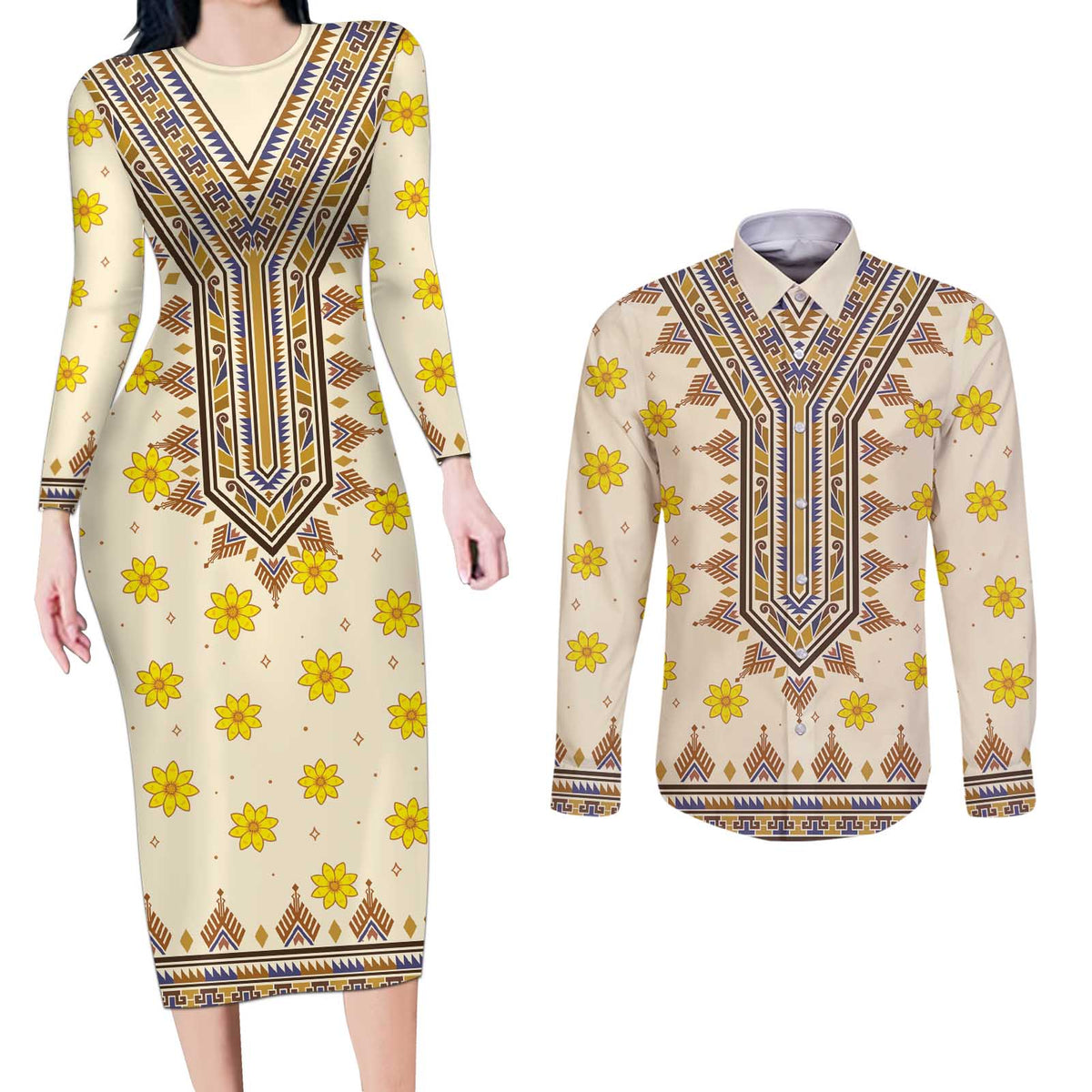 Enkutatash Dashiki Adey Abeba Pattern Couples Matching Long Sleeve Bodycon Dress and Long Sleeve Button Shirt - Wonder Print Shop