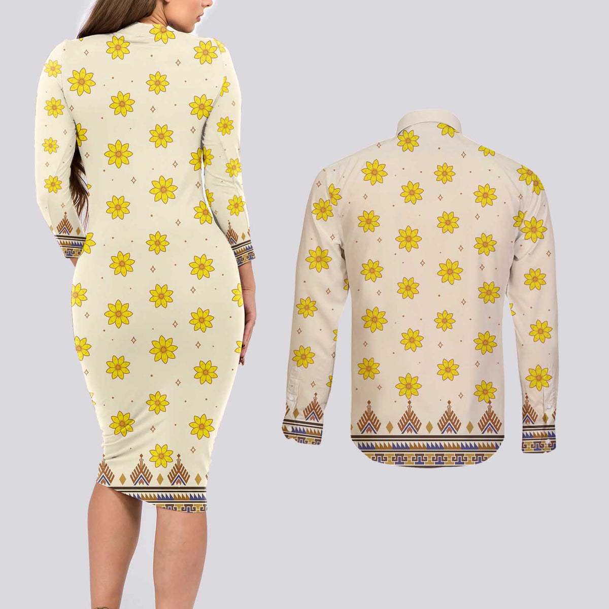 Enkutatash Dashiki Adey Abeba Pattern Couples Matching Long Sleeve Bodycon Dress and Long Sleeve Button Shirt - Wonder Print Shop