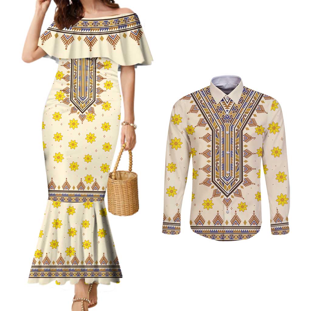 Enkutatash Dashiki Adey Abeba Pattern Couples Matching Mermaid Dress and Long Sleeve Button Shirt