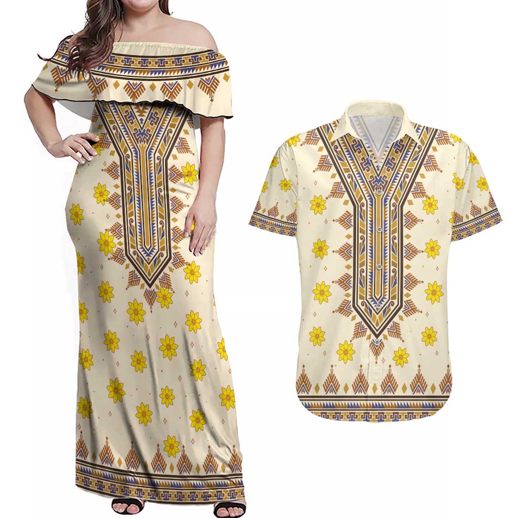 Enkutatash Dashiki Adey Abeba Pattern Couples Matching Off Shoulder Maxi Dress and Hawaiian Shirt - Wonder Print Shop