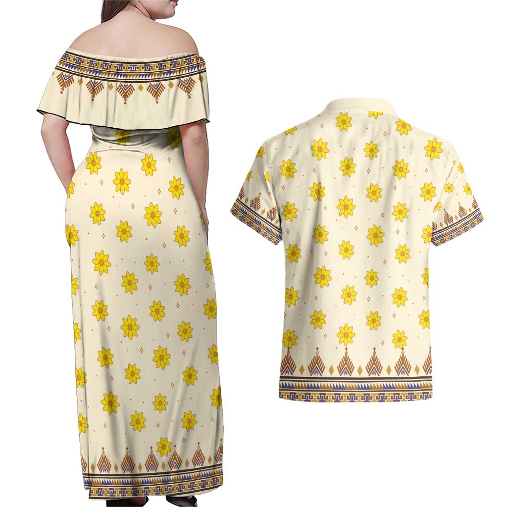 Enkutatash Dashiki Adey Abeba Pattern Couples Matching Off Shoulder Maxi Dress and Hawaiian Shirt - Wonder Print Shop