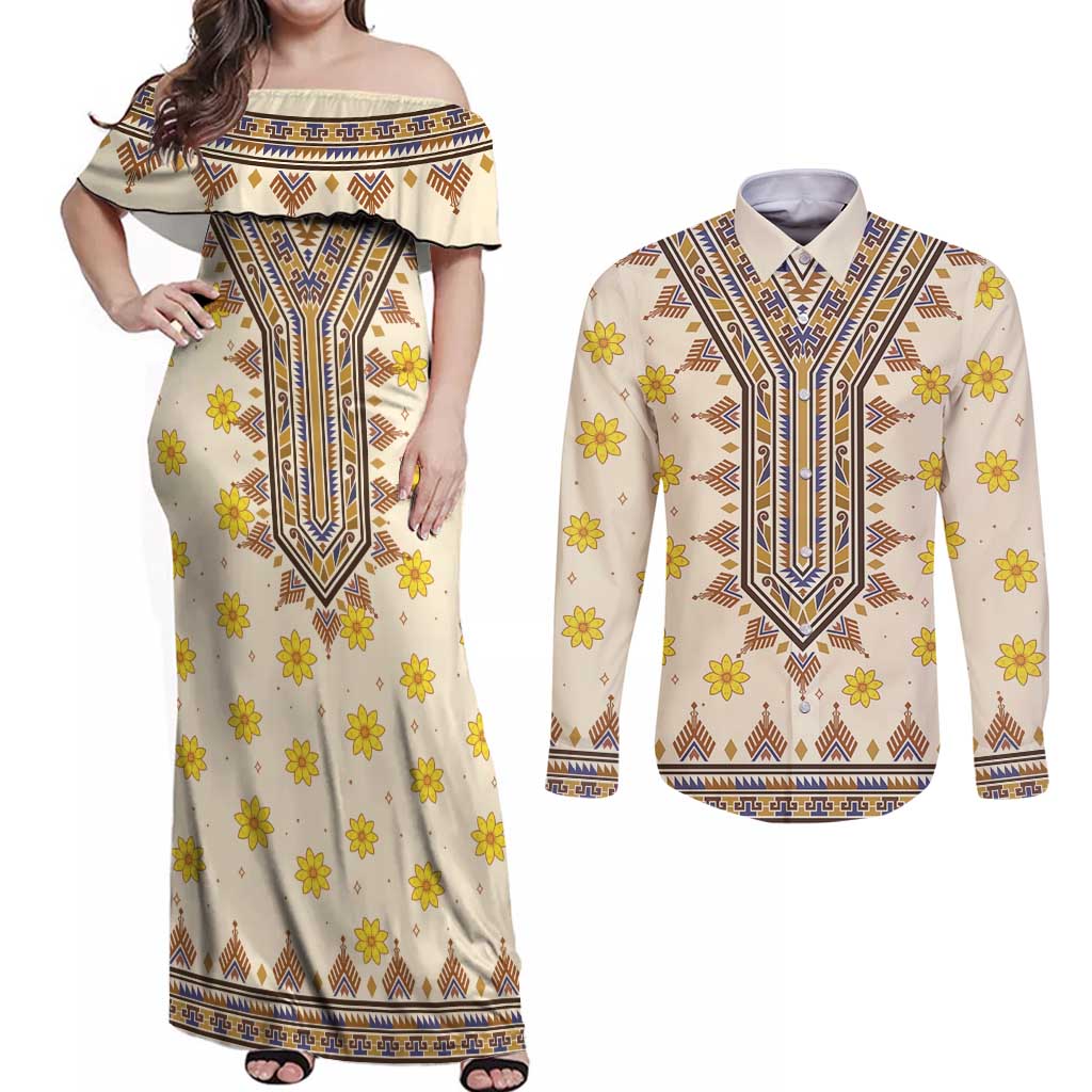 Enkutatash Dashiki Adey Abeba Pattern Couples Matching Off Shoulder Maxi Dress and Long Sleeve Button Shirt - Wonder Print Shop