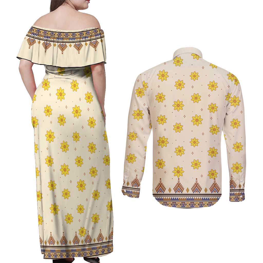 Enkutatash Dashiki Adey Abeba Pattern Couples Matching Off Shoulder Maxi Dress and Long Sleeve Button Shirt - Wonder Print Shop