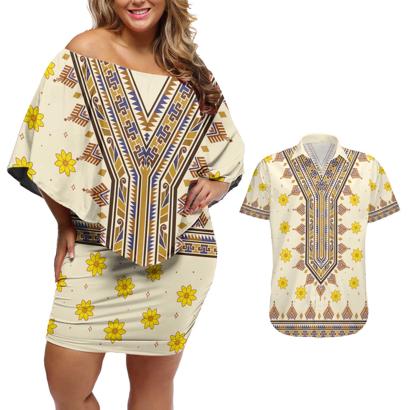 Enkutatash Dashiki Adey Abeba Pattern Couples Matching Off Shoulder Short Dress and Hawaiian Shirt - Wonder Print Shop