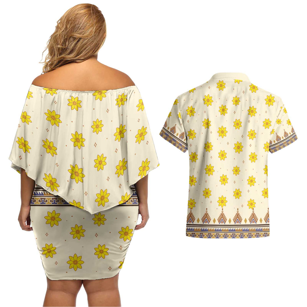 Enkutatash Dashiki Adey Abeba Pattern Couples Matching Off Shoulder Short Dress and Hawaiian Shirt - Wonder Print Shop