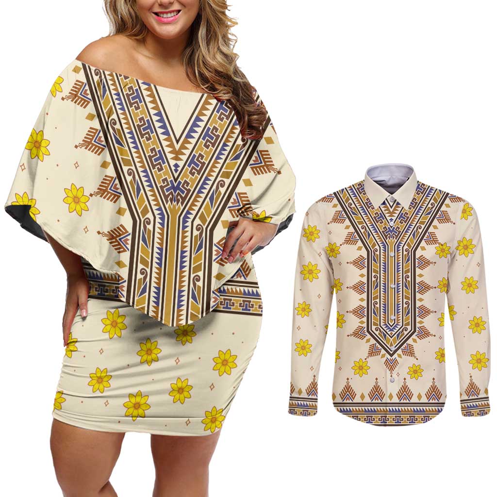 Enkutatash Dashiki Adey Abeba Pattern Couples Matching Off Shoulder Short Dress and Long Sleeve Button Shirt - Wonder Print Shop