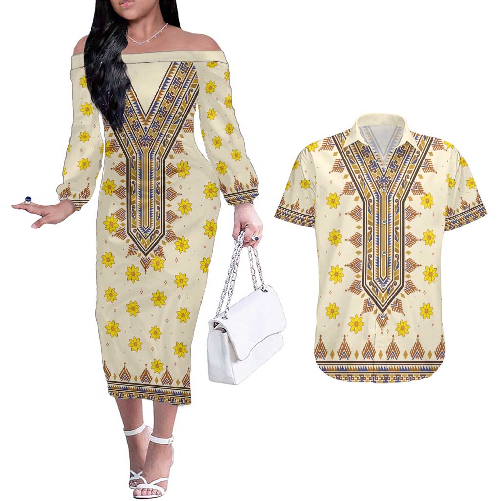 Enkutatash Dashiki Adey Abeba Pattern Couples Matching Off The Shoulder Long Sleeve Dress and Hawaiian Shirt - Wonder Print Shop
