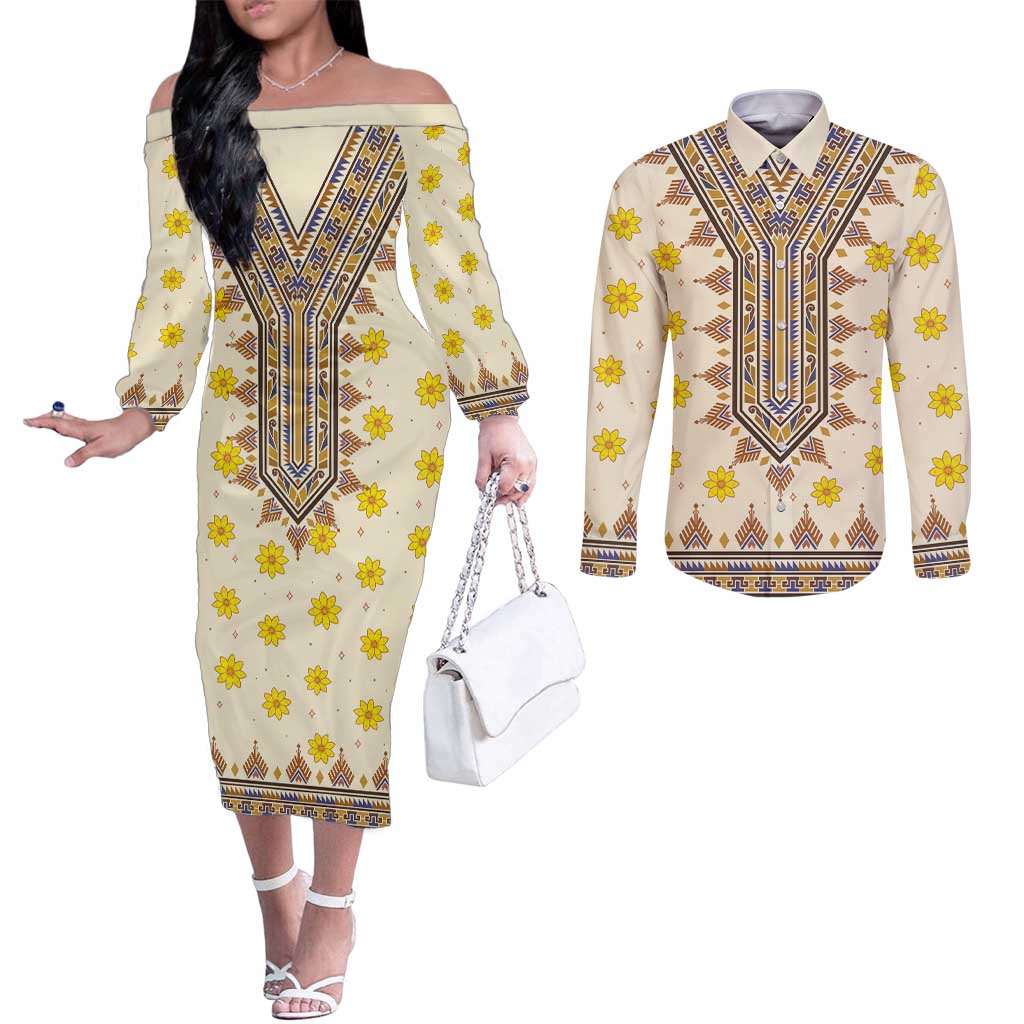 Enkutatash Dashiki Adey Abeba Pattern Couples Matching Off The Shoulder Long Sleeve Dress and Long Sleeve Button Shirt