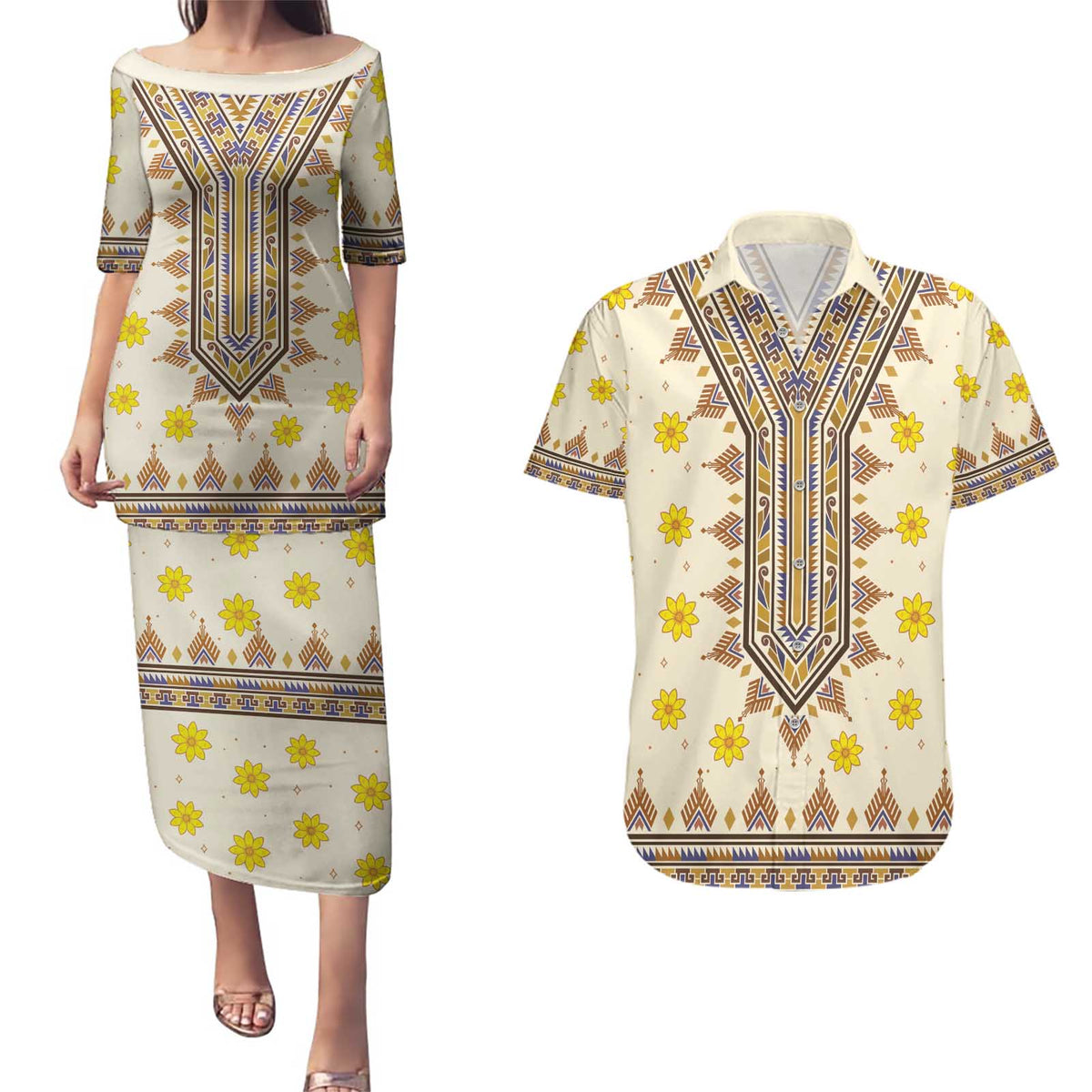 Enkutatash Dashiki Adey Abeba Pattern Couples Matching Puletasi and Hawaiian Shirt - Wonder Print Shop