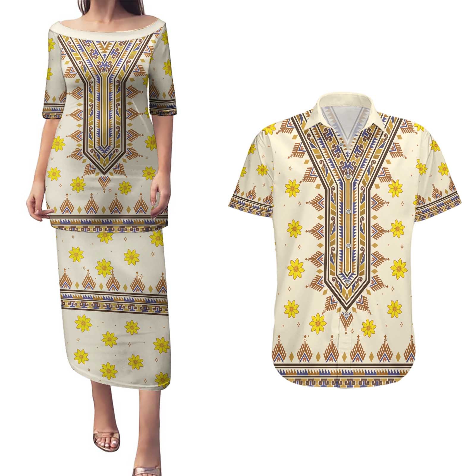 Enkutatash Dashiki Adey Abeba Pattern Couples Matching Puletasi and Hawaiian Shirt - Wonder Print Shop