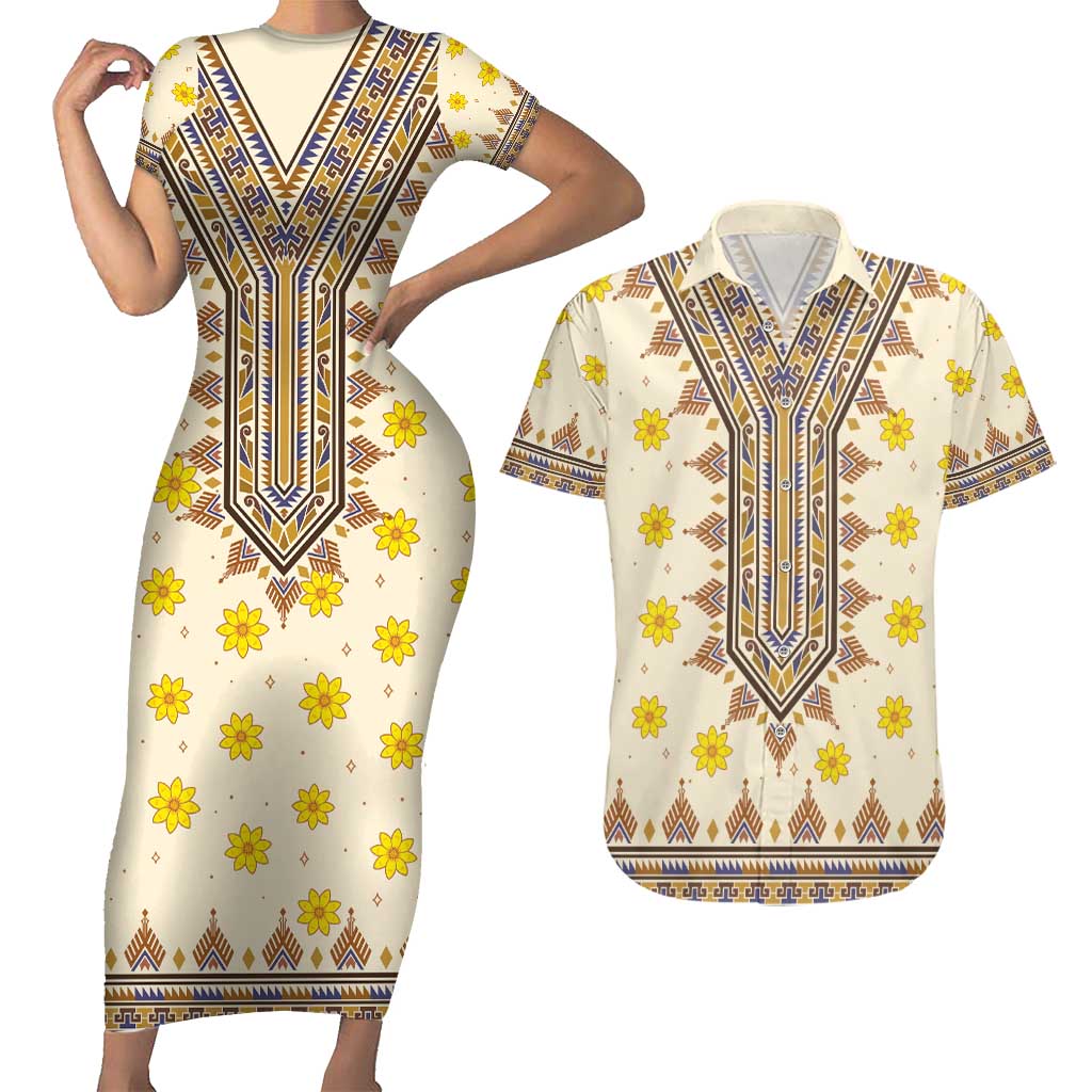 Enkutatash Dashiki Adey Abeba Pattern Couples Matching Short Sleeve Bodycon Dress and Hawaiian Shirt - Wonder Print Shop