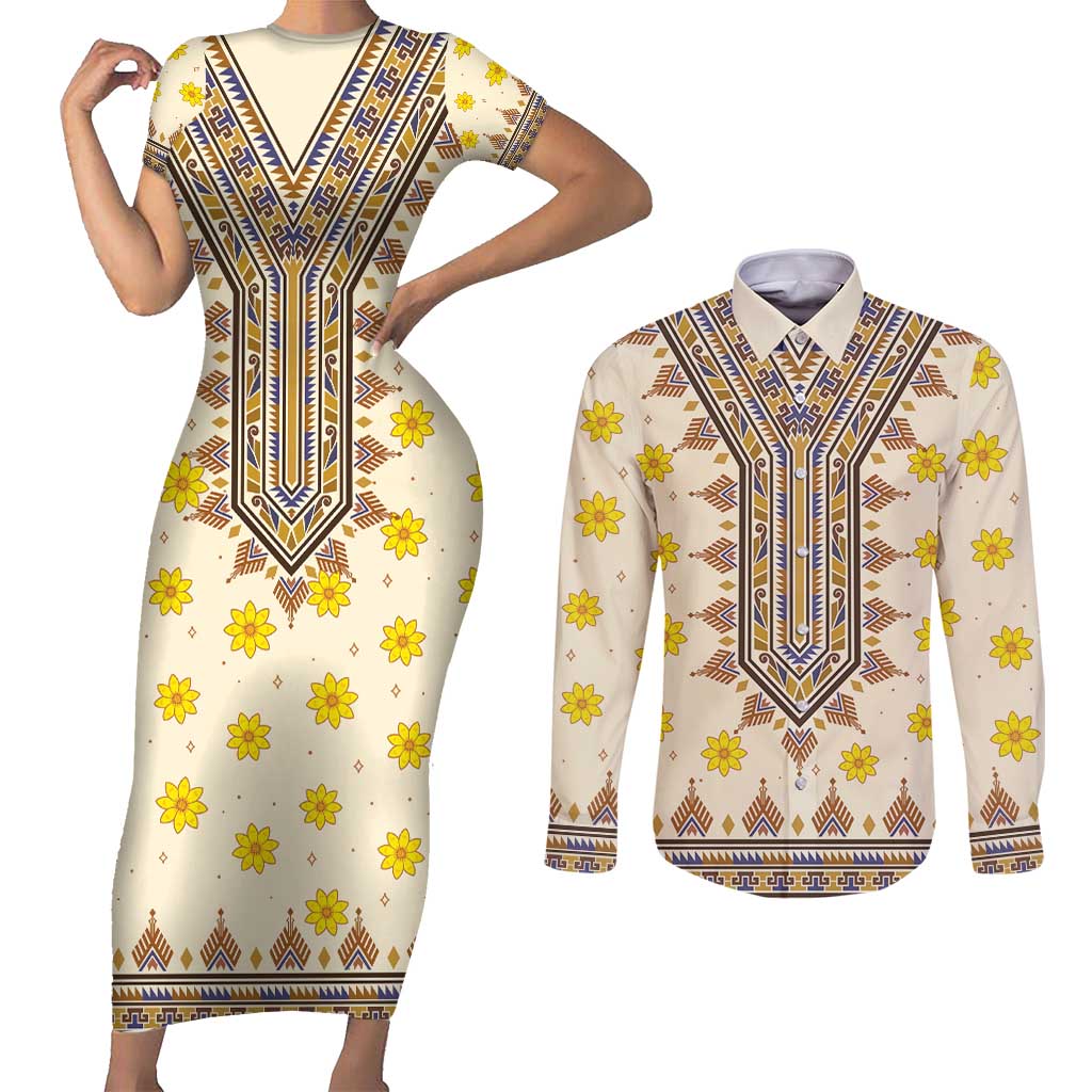 Enkutatash Dashiki Adey Abeba Pattern Couples Matching Short Sleeve Bodycon Dress and Long Sleeve Button Shirt - Wonder Print Shop