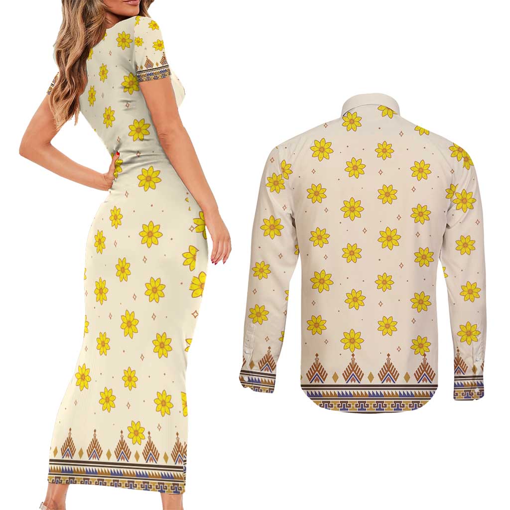 Enkutatash Dashiki Adey Abeba Pattern Couples Matching Short Sleeve Bodycon Dress and Long Sleeve Button Shirt - Wonder Print Shop