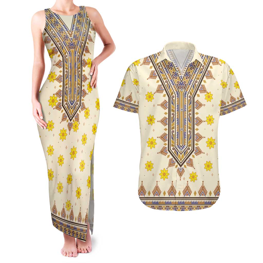 Enkutatash Dashiki Adey Abeba Pattern Couples Matching Tank Maxi Dress and Hawaiian Shirt - Wonder Print Shop