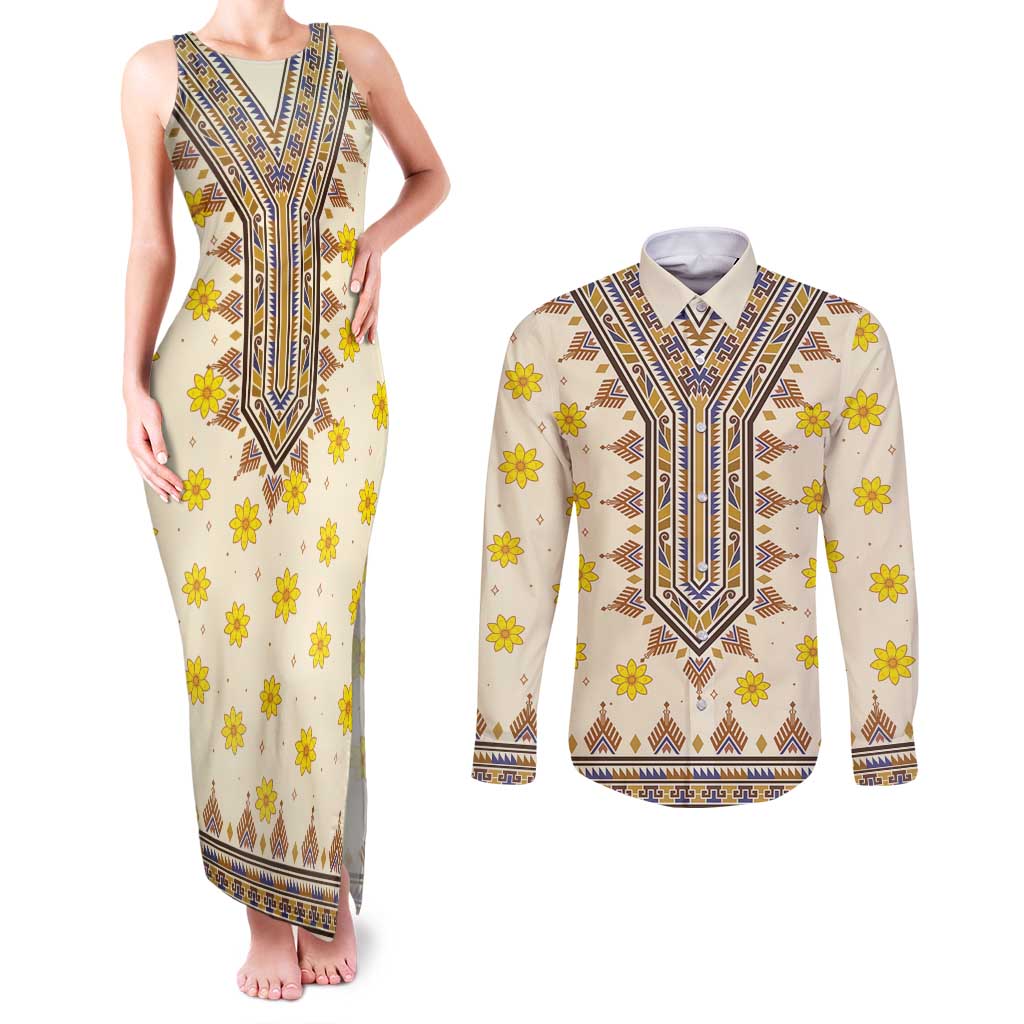 Enkutatash Dashiki Adey Abeba Pattern Couples Matching Tank Maxi Dress and Long Sleeve Button Shirt - Wonder Print Shop