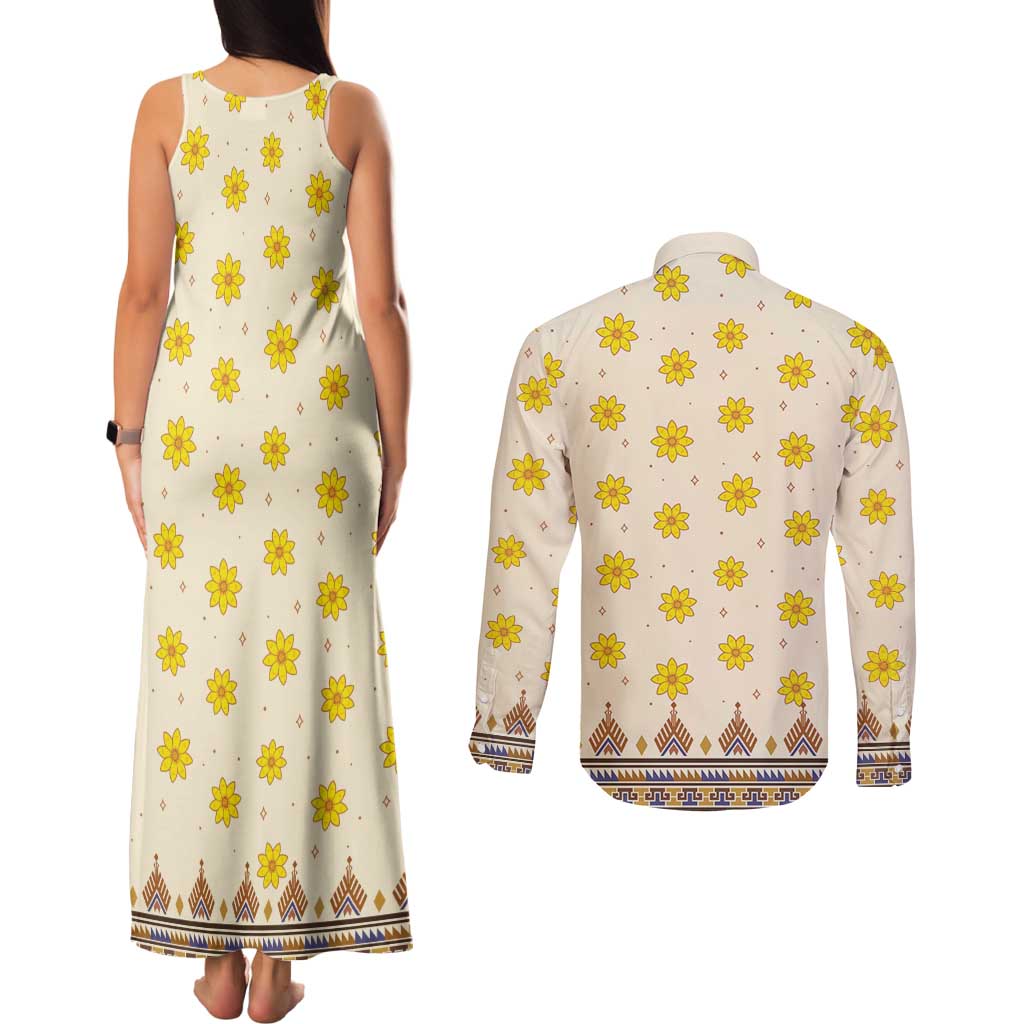 Enkutatash Dashiki Adey Abeba Pattern Couples Matching Tank Maxi Dress and Long Sleeve Button Shirt - Wonder Print Shop