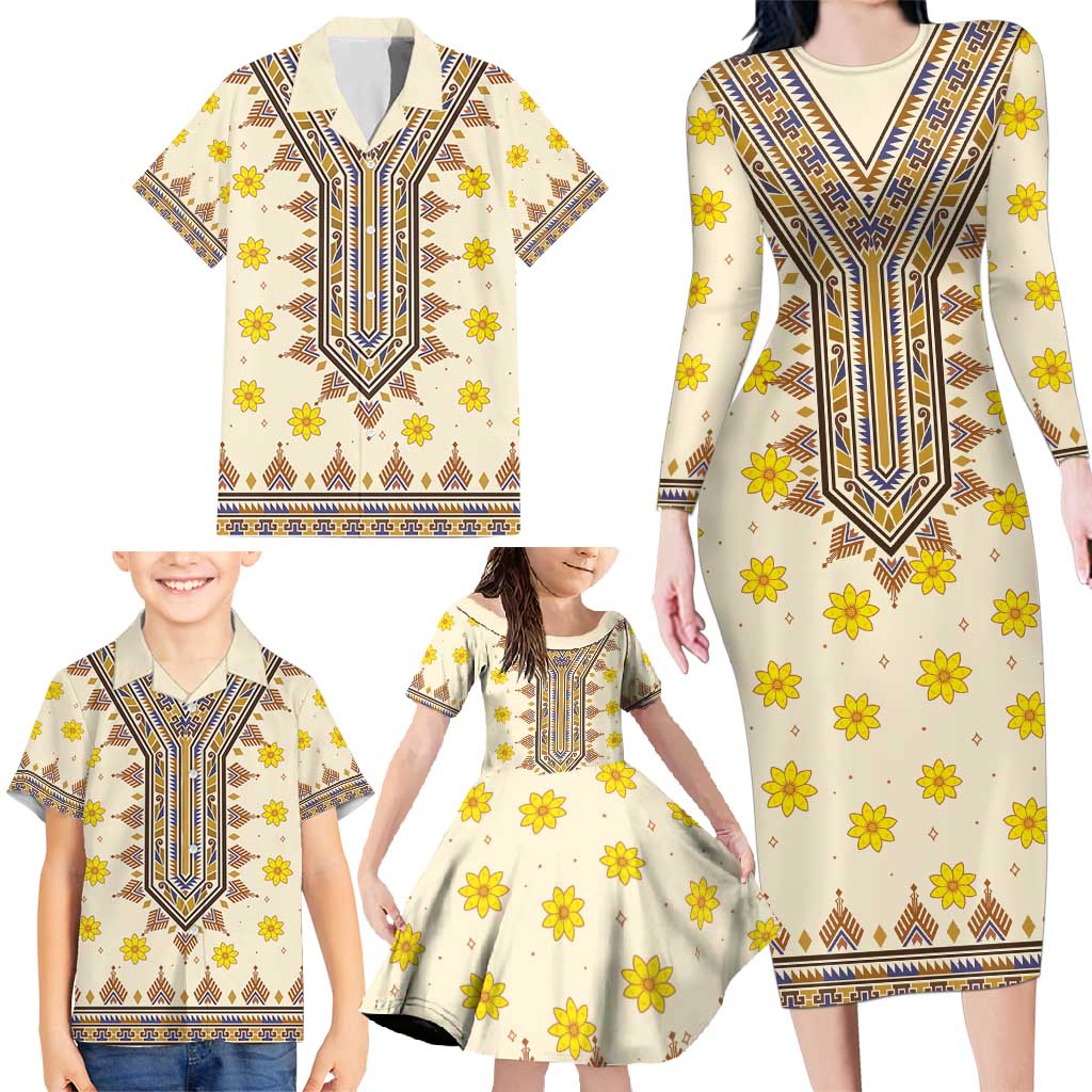 Enkutatash Dashiki Adey Abeba Pattern Family Matching Long Sleeve Bodycon Dress and Hawaiian Shirt - Wonder Print Shop