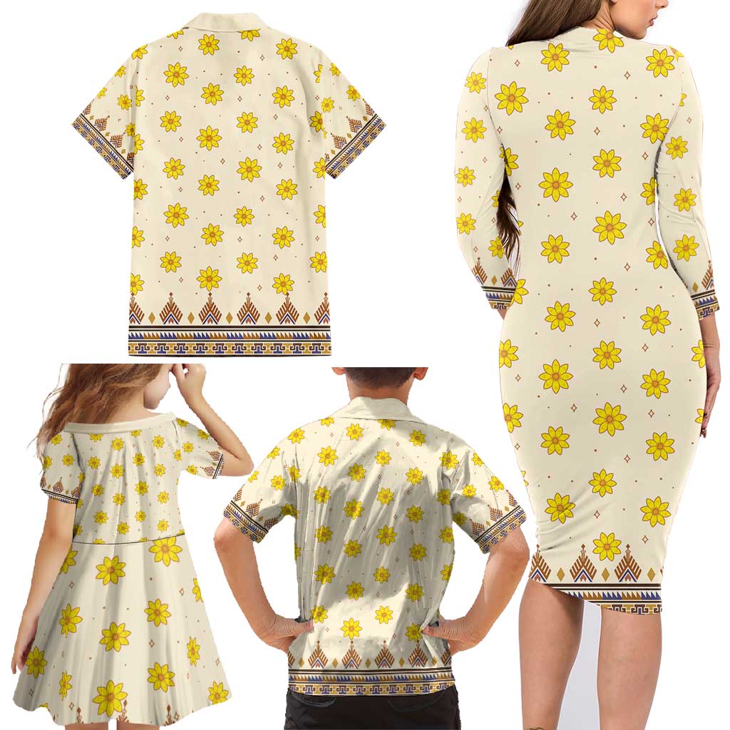 Enkutatash Dashiki Adey Abeba Pattern Family Matching Long Sleeve Bodycon Dress and Hawaiian Shirt - Wonder Print Shop